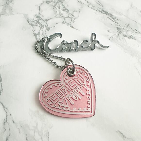 Coach Pink Poppy Heart Keychain Bag Charm & Silver Script Logo Accessory - Picture 1 of 4